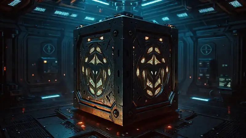 Cubo metálico alienígena en contención futurista