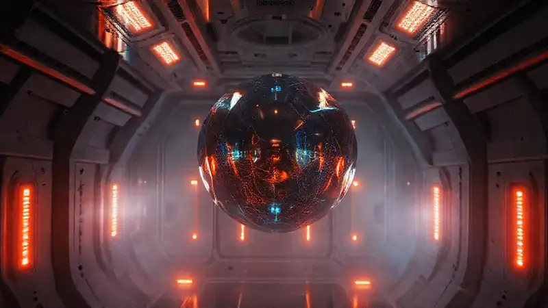 Estructura iridiscente en cámara futurista y misteriosa