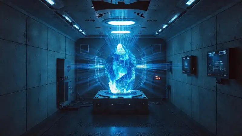 Habitación segura con objeto cristalino brillante y tecnología
