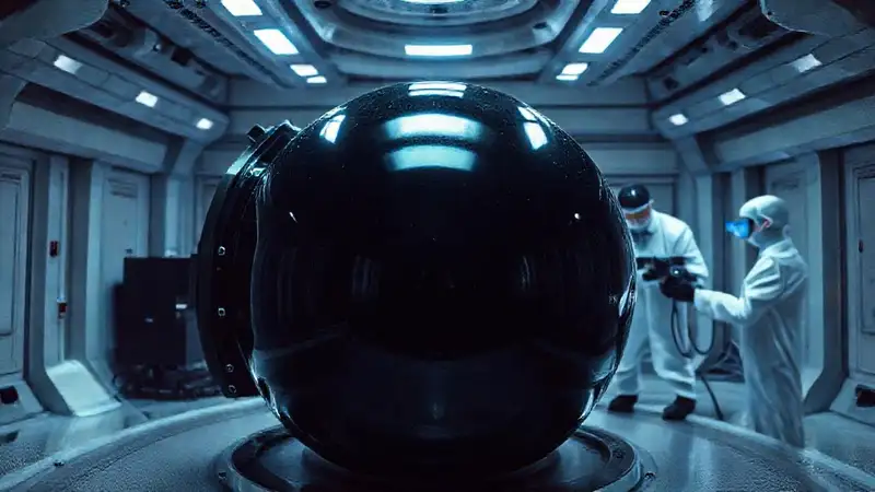 Esfera negra en laboratorio futurista sellada