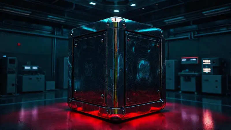 Cubo metálico misterioso en ambiente futurista