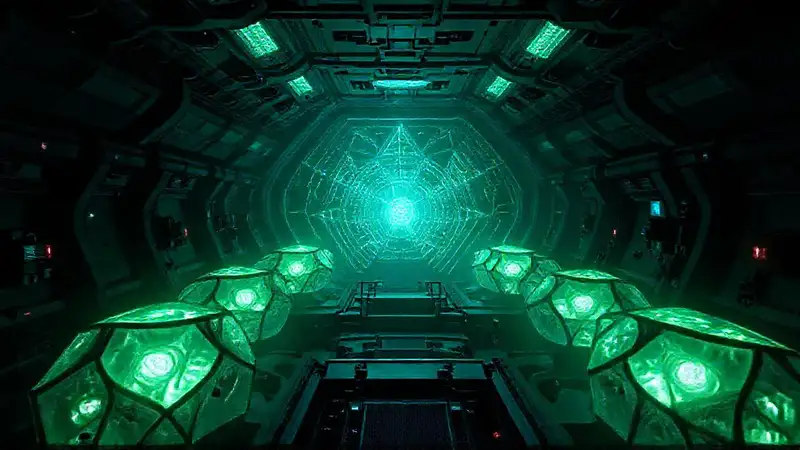 Cámara futurista con patrones luminosos y seguridad