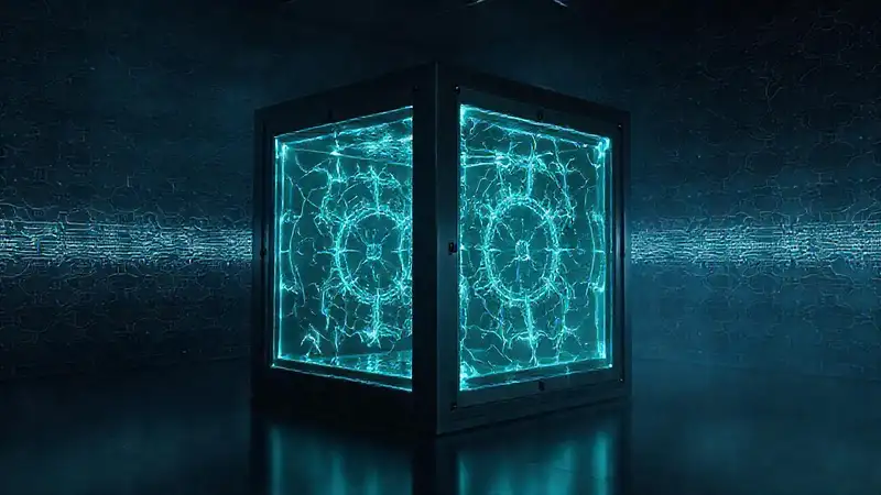 Cubículo misterioso con patrones fractales luminosos