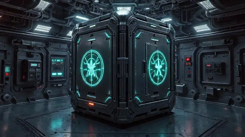 Cubo metálico, símbolos y tecnología futurista