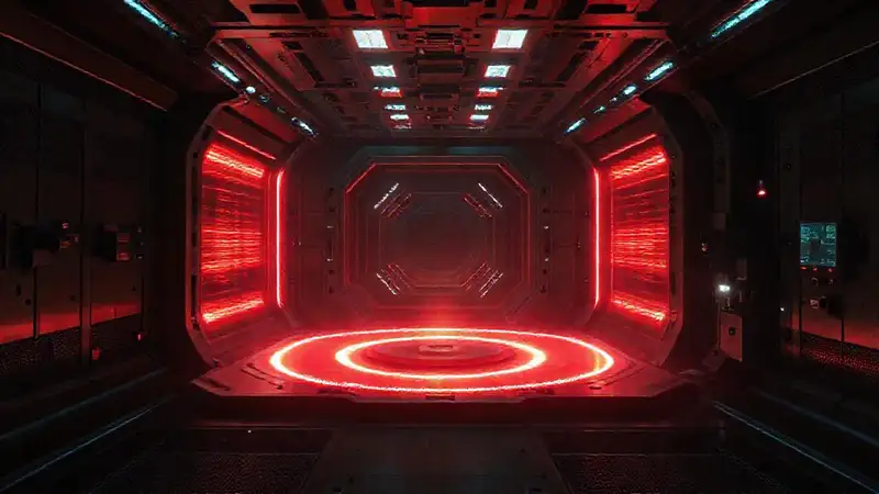 Cámara futurista con energía y distorsiones controladas
