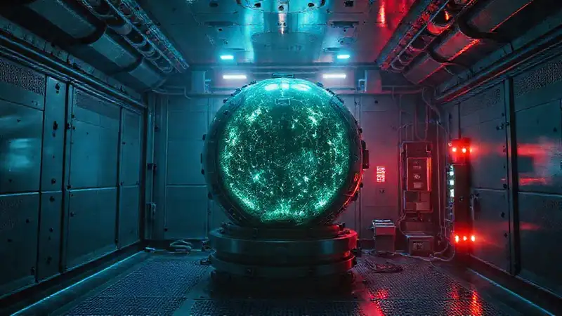 Esfera misteriosa en contención tecnológica segura