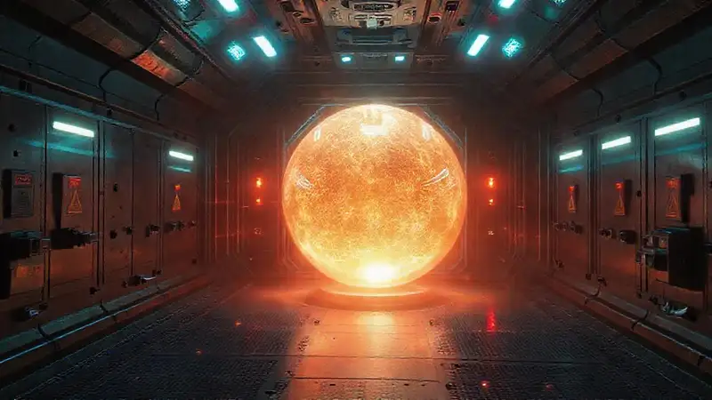 Esfera brillante en sala de alta tecnología