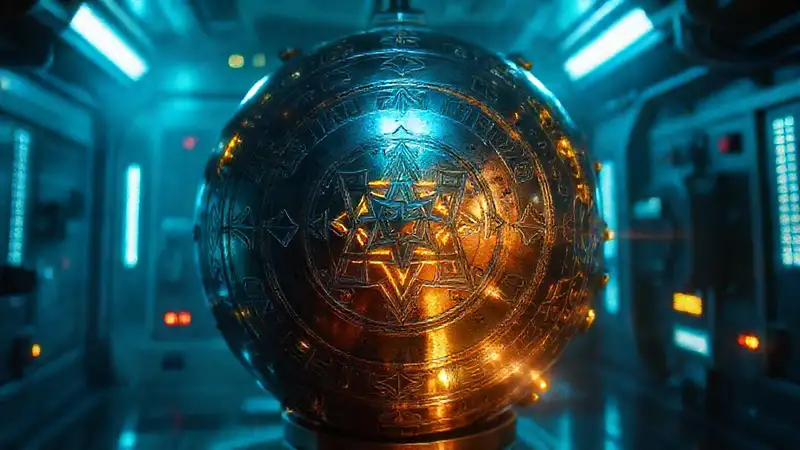 Esfera metálica misteriosa con inscripciones y distorsiones