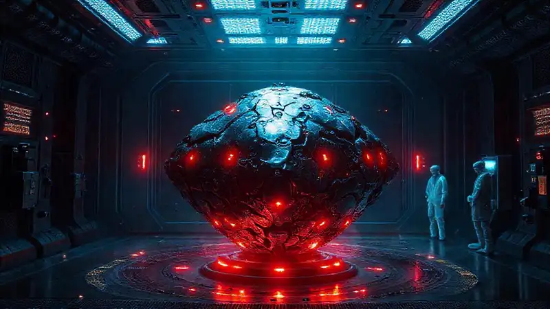 Objeto metálico misterioso en instalación futurista