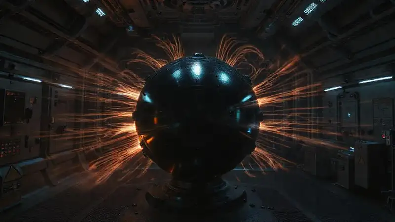 Esfera negra luminosa en entorno futurista y cauteloso