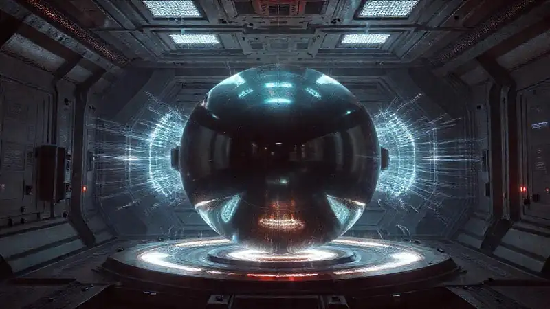 Objeto metálico brillante en entorno futurista