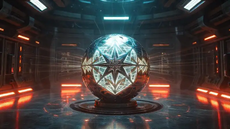 Esfera metálica luminosa en laboratorio misterioso
