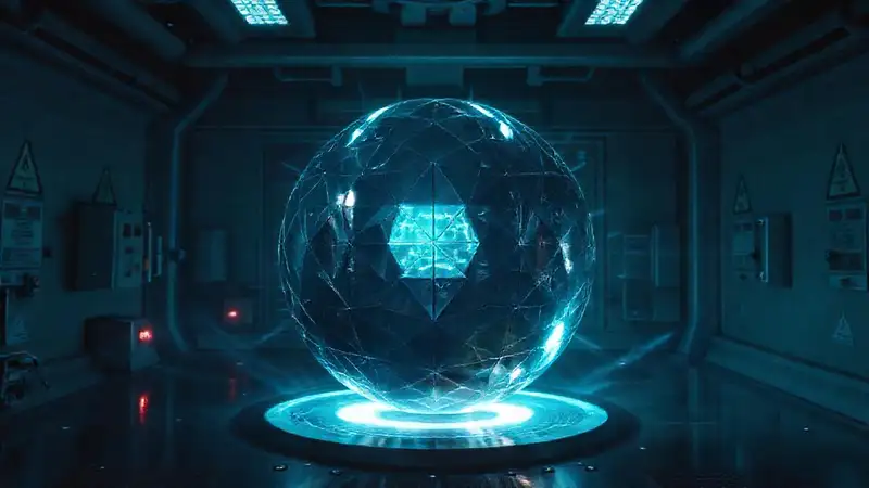 Esfera metálica brillante en entorno futurista y seguro