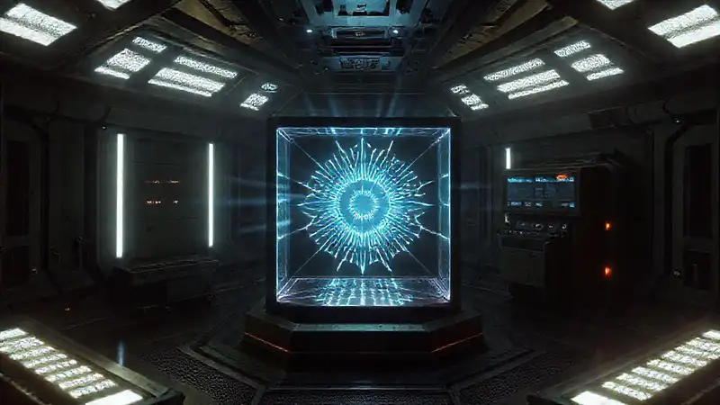 Cámara futurista con cubo luminoso y misterio