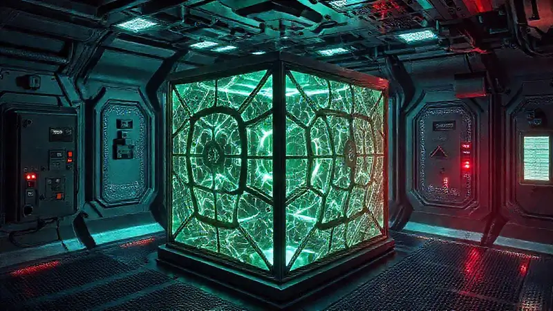 Cápsula futurista y misteriosa con patrones lumínicos