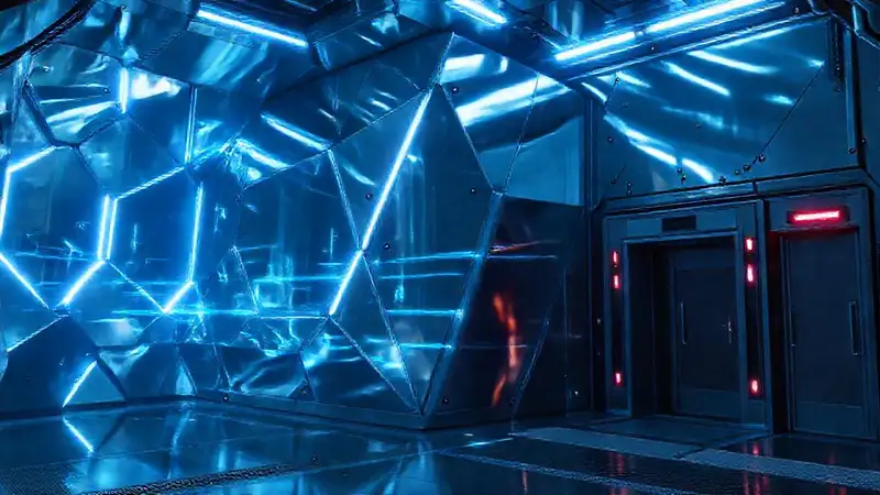 Estructura metálica reflectante en entorno futurista