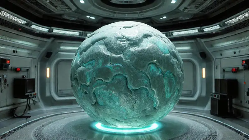 Esfera orgánica misteriosa en entorno tecnológico sterile