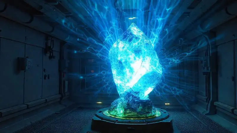 Objeto cristalino brillante en entorno futurista seguro
