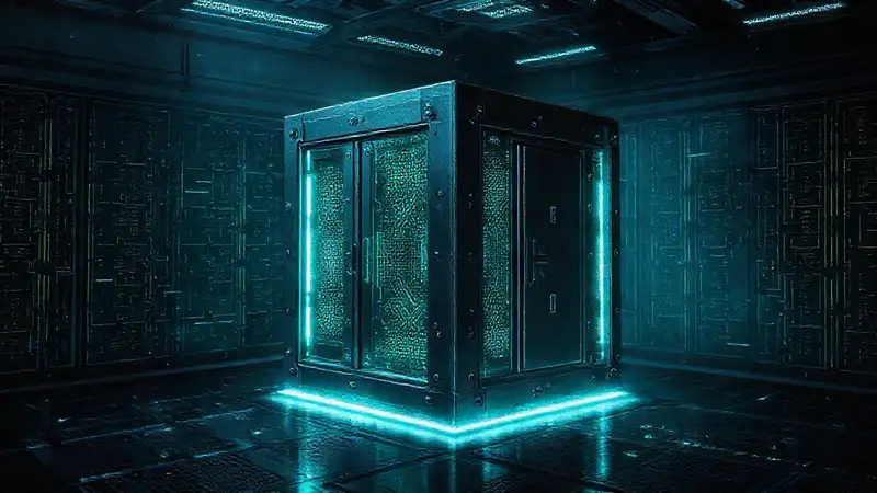 Cubo metálico con campos electromagnéticos futurista