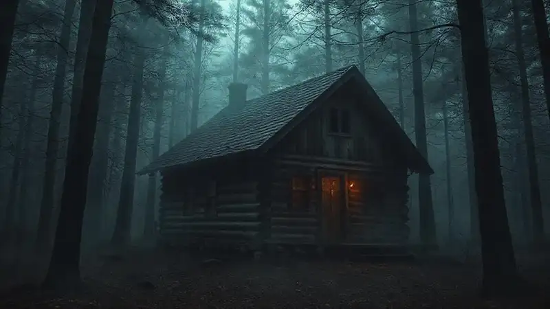 Cabaña antigua embrujada en bosque misterioso