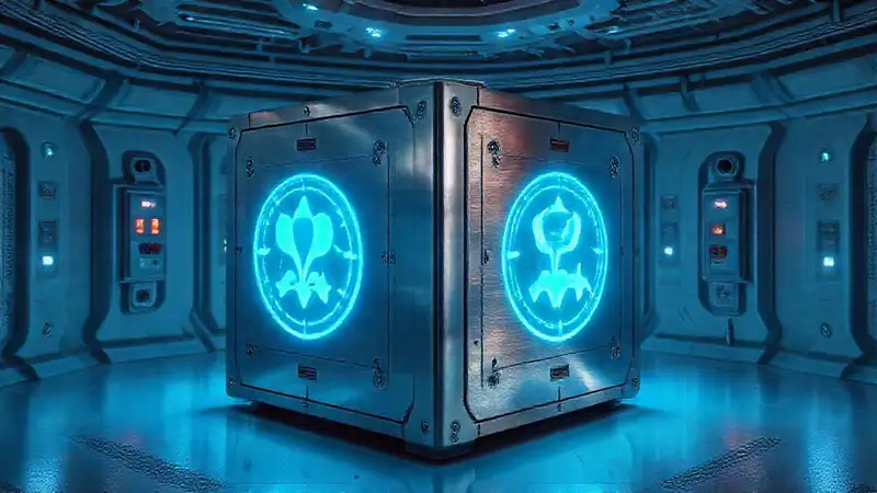 Cubo metálico misterioso en cámara segura futurista