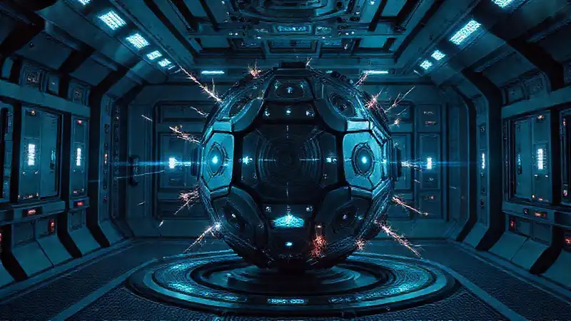 Poliedro metálico misterioso en entorno futurista