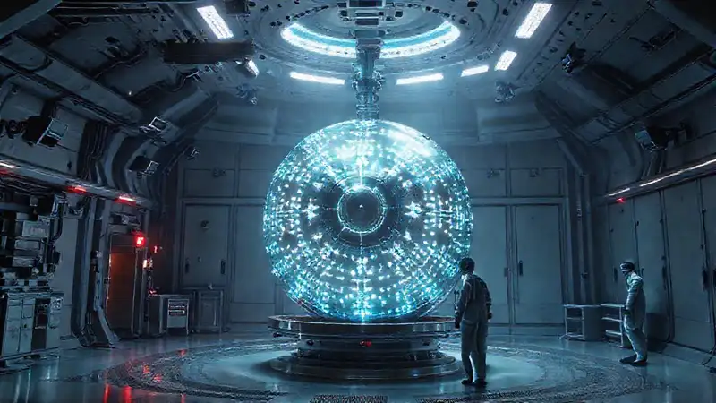 Esfera metálica misteriosa en laboratorio futurista