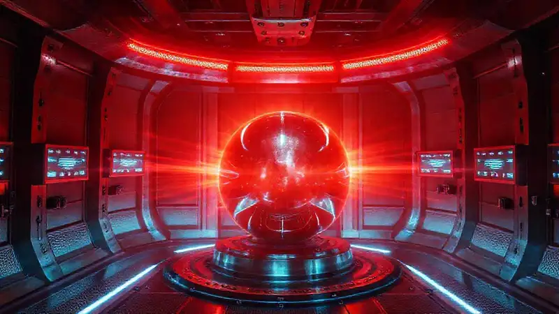 Esfera metálica en contenedor futurista y misterioso