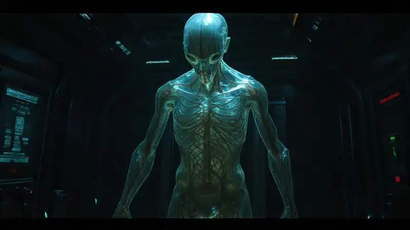 Estructura humanoide misteriosa en contención tecnológica
