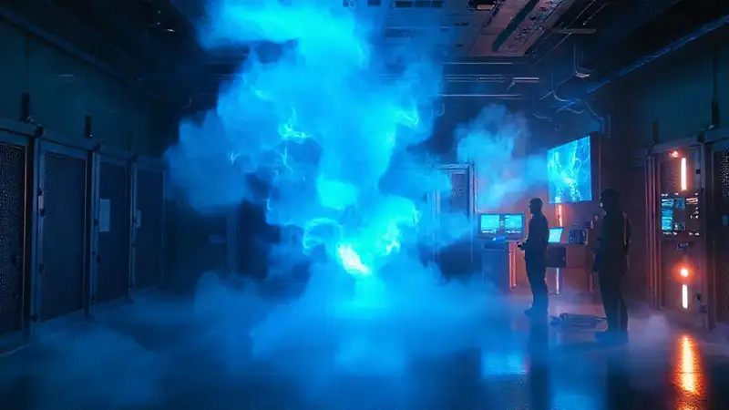 Campo energético azul en sala futurista de control
