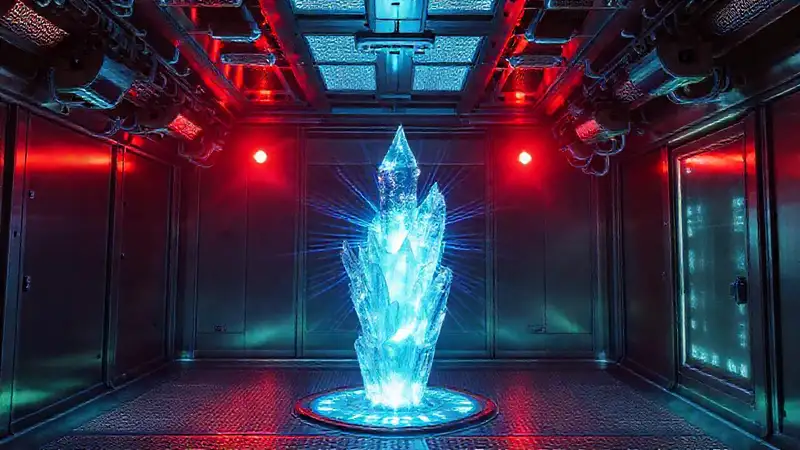 Laboratorio futurista con cristales y seguridad