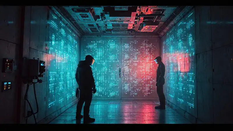 Cubículo futurista con guardias y vigilancia avanzada