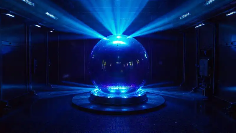 Esfera metálica brillante en contención científica