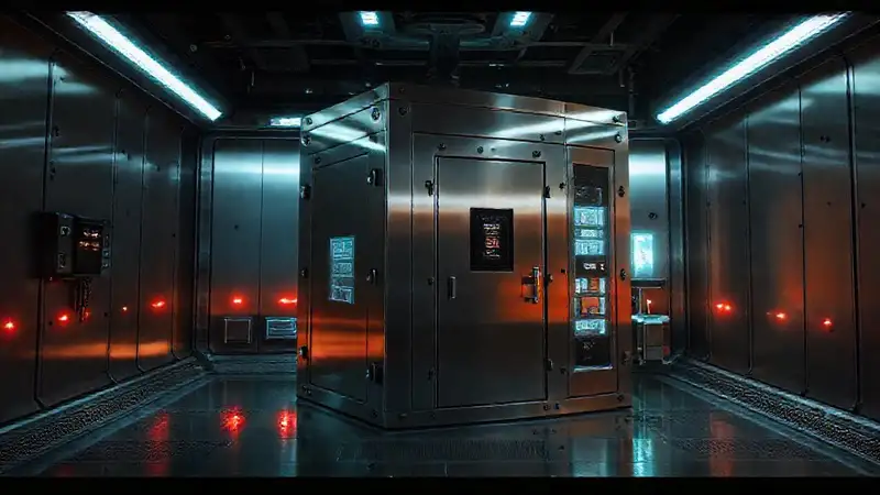 Cubo metálico en laboratorio futurista de alta seguridad