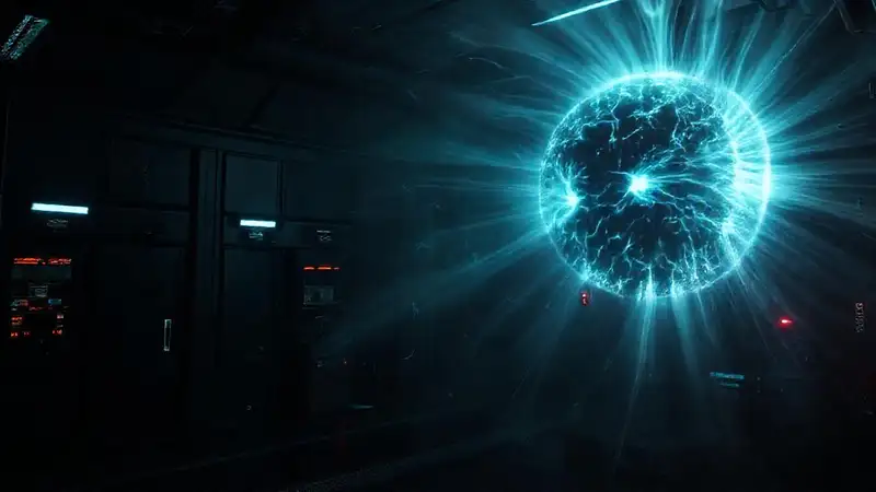 Esfera energética en ambiente oscuro y futurista