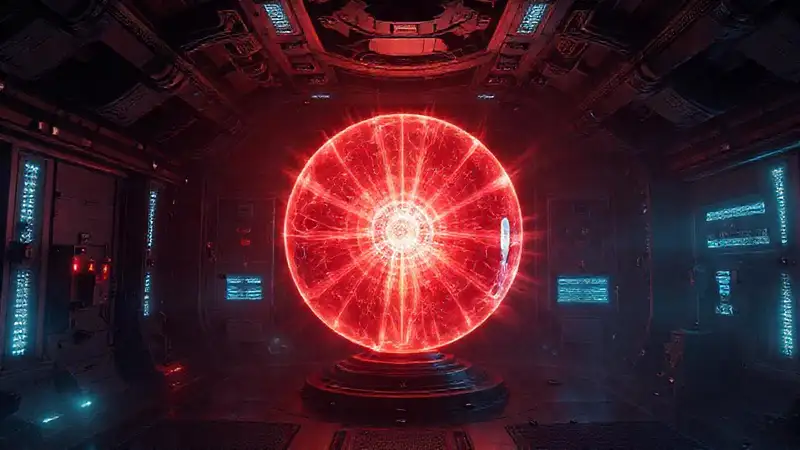 Esfera energética oscura en sala de control futurista