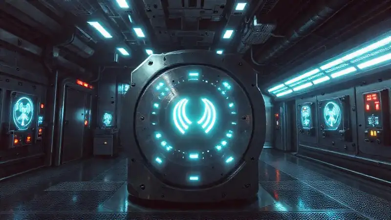 Laboratorio futurista con estructura metálica y seguridad