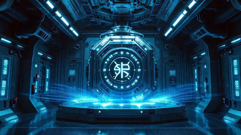 Laboratorio futurista con símbolo y energía invisibles