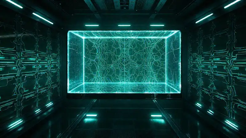 Rectángulo flotando en laboratorio futurista misterioso