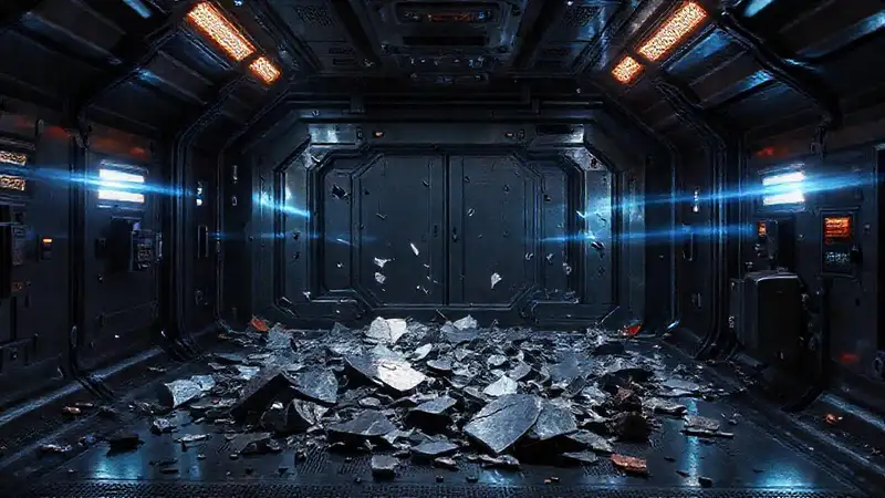 Fragmentos metálicos en cámara de contención futurista