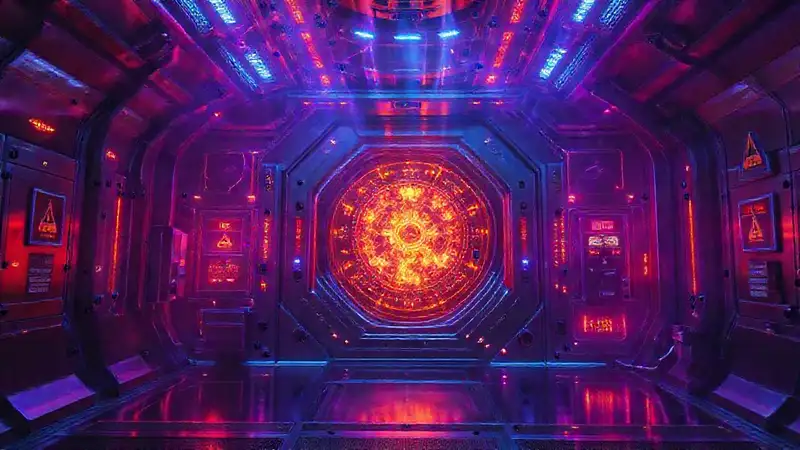 Estructura cristalina luminosa en cámara futurista
