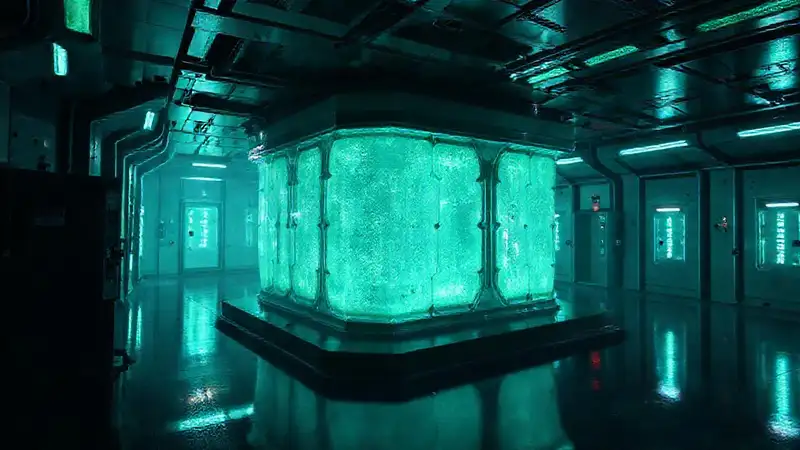 Complejo futurista con atmósfera inquietante y segura