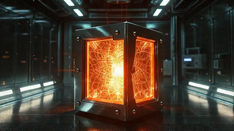 Cubo metálico fractal brillante en contención futurista