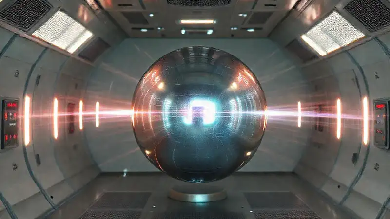 Esfera metálica iridiscente en campo de distorsión