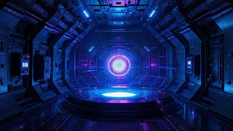 Cámara futurista con núcleo brillante y seguridad