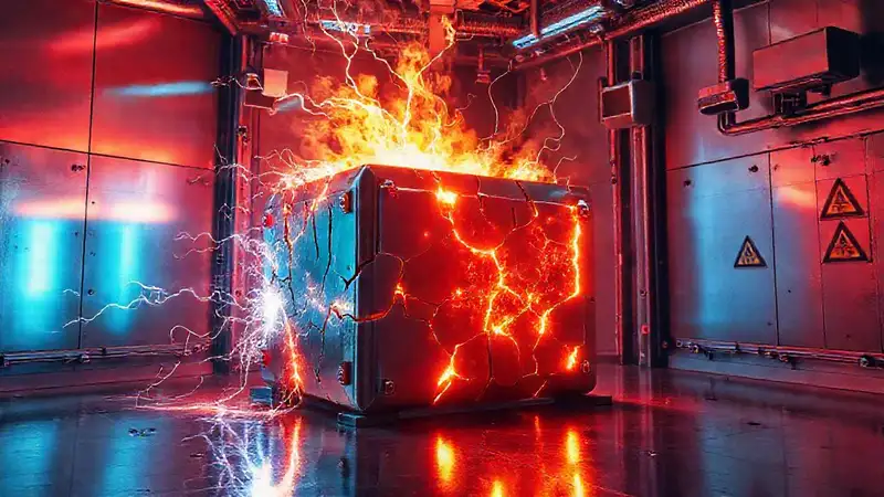 Cubo metálico fracturado, calor y tecnología futurista