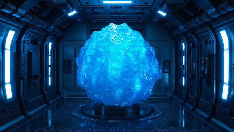 Cristal azul misterioso en laboratorio futurista