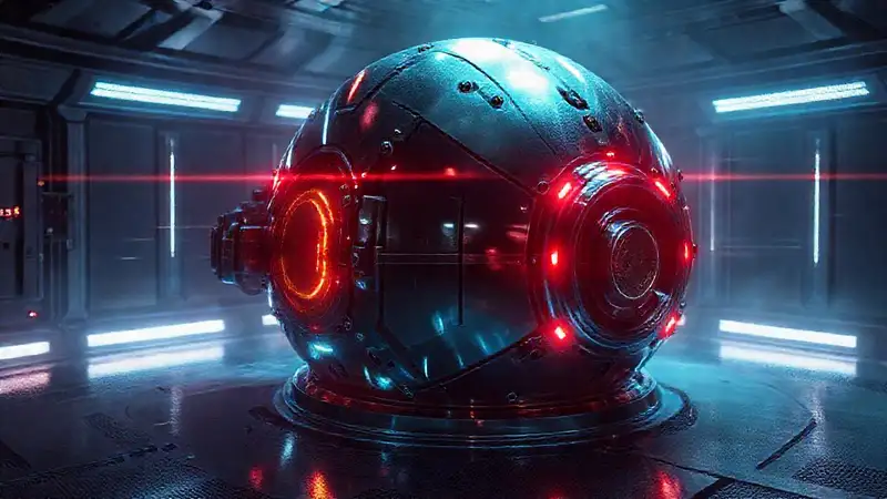 Estructura metálica futurista en atmósfera ominosa