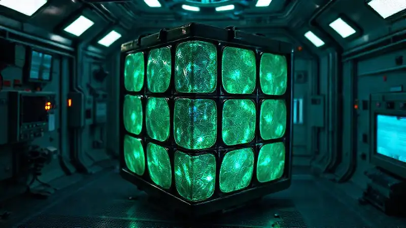 Objeto iridiscente con patrones fractales energéticos