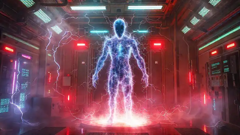 Entidad luminosa misteriosa en entorno futurista